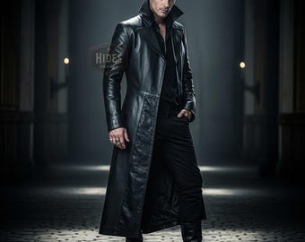 Handmade Black Leather Long Coat | Gothic Trench Duster | Custom Men’s Full-Length Jacket