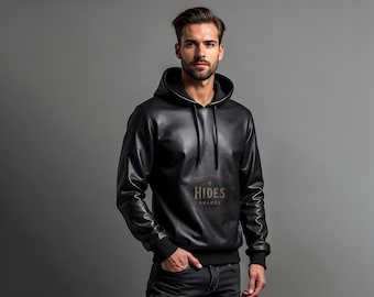 Sudadera con capucha de cuero negro auténtico para hombre / Sudadera con capucha de cuero premium para hombre / Sudadera con capucha elegante y cómoda / Ropa de abrigo de cuero informal