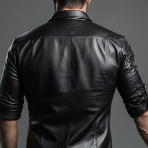 May include: A black leather shirt with a collared neckline and long sleeves. The shirt has a buttoned cuff detail and a tailored fit. The back of the shirt features vertical seams for a structured look. The shirt is made of a smooth, shiny material.