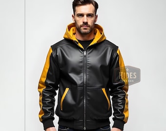 Handmade Black and Yellow Leather Hoodie Jacket | Real Leather Hoodie | Gothic Leather Hoodie | Black and Yellow Leather Hooded Jacket