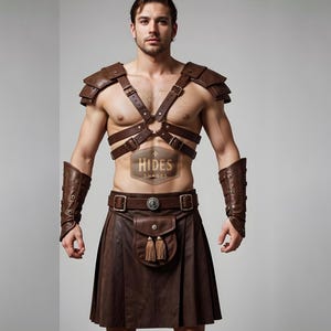 Handmade Brown Leather Gladiator Kilt & Armor Harness for Men - Medieval Cosplay Costume | Warrior Outfit | LARP Renaissance Fair Attire