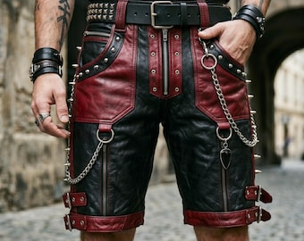 Handmade Men Leather Shorts Black Red Cowhide Gothic Leather Shorts Chain Spike Buckle Knee Length Leather Shorts Custom Fit For Men Outfit