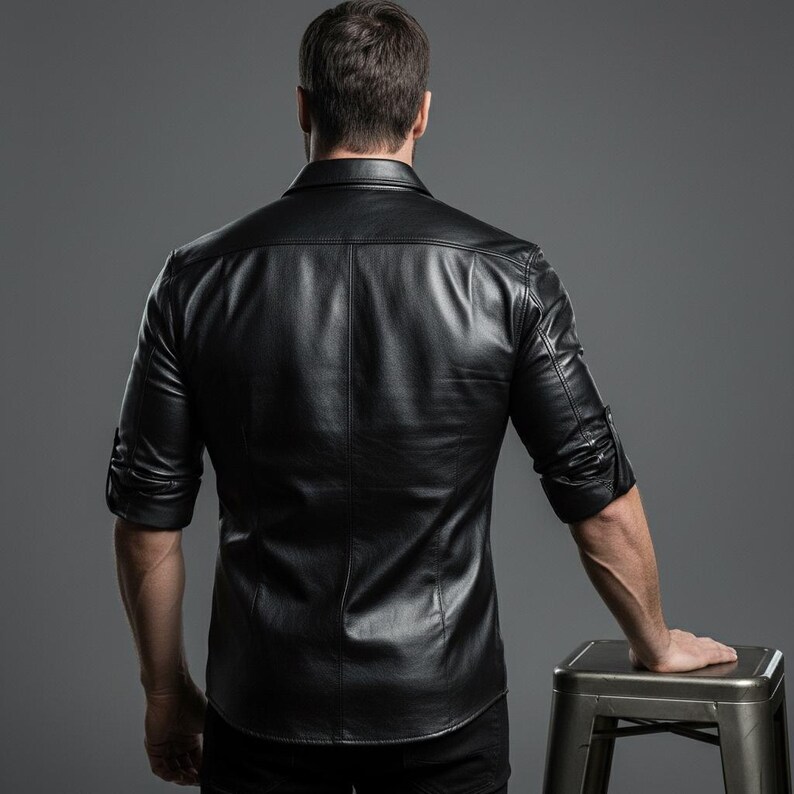 May include: Black leather shirt with a classic collar and buttoned cuffs. The shirt has a tailored fit and is made of a smooth, shiny material. The sleeves are rolled up to the elbows. The shirt is worn by a person.