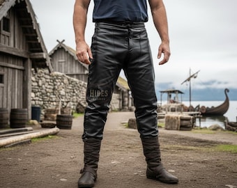 Handmade Men Black Leather Lace-Up Pants Cowhide Lace Up Leather Trousers Medieval Renaissance Custom Size LARP Cosplay Outfit Pants