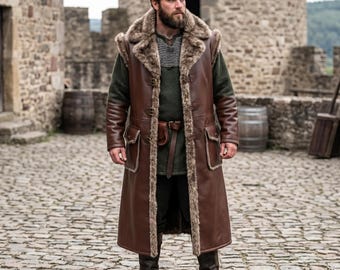 Men's Handcrafted Brown Leather Long Coat | Fur-Trimmed Medieval Duster & Viking Fantasy Outerwear