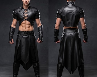 Set di armatura da uomo in pelle fatta a mano, gilet e kilt in pelle di vacchetta nera, completo da gladiatore, costume da LARP Cosplay per uomo, kilt e gilet in pelle nera