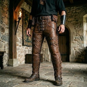 Puede incluir: Pantalones de cuero marrón con múltiples correas horizontales con hebillas metálicas en los muslos y espinillas, un cinturón ancho con una hebilla grande en la cintura y brazaletes de cuero a juego en los antebrazos, usados con una camisa negra.