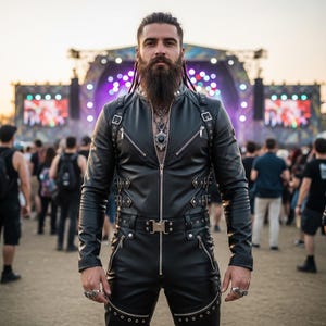 Puede incluir: Chaqueta de cuero negro con múltiples cremalleras, hebillas y correas. La chaqueta se lleva sobre pantalones de cuero negro a juego. La persona lleva un collar con un colgante y anillos. En el fondo se ve un escenario de concierto y una multitud.