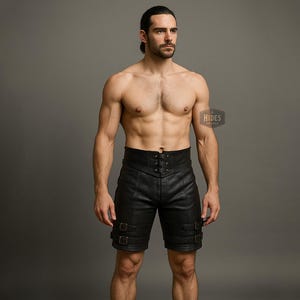 Men&#39;s Gothic High Waist Black Leather Shorts | Handmade Warrior Renaissance Festival Biker Buckle Shorts | Steampunk Medieval Style