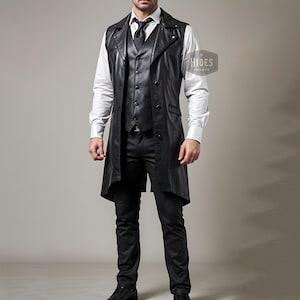 Custom Black Leather Cosplay Long Vest for Men | Men&#39;s Double Layer Leather Vest | Black Leather Fantasy Vest | Custom Fit Cosplay Vest