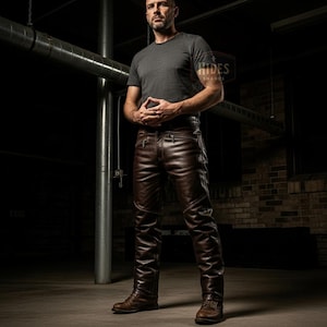 Puede incluir: Pantalones de cuero marr&oacute;n con detalles de cremallera y cintur&oacute;n de cuero marr&oacute;n a juego. Los pantalones se llevan con una camiseta gris y botas de cuero marr&oacute;n. La imagen est&aacute; ambientada en un entorno oscuro de estilo industrial.
