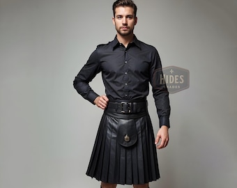 Handmade Black Leather Kilt For Men | Black Leather Gladiator Kilt | Black Leather Pleated Kilt | Mens Leather Kilt | Leather Scottish Kilt