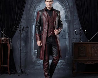 Men's Handcrafted Black and Burgundy Leather Gothic Suit Set | Steampunk Trench Coat, Vest & Trousers | Dark Victorian Outfit