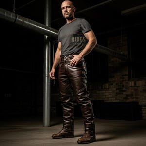 Puede incluir: Una persona con pantalones y botas de cuero marr&oacute;n, combinados con una camiseta gris. Los pantalones tienen un dise&ntilde;o cl&aacute;sico con costuras visibles y un cintur&oacute;n. La camiseta tiene el texto "Hides Shades".