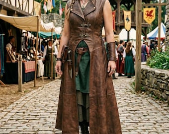 Handmade Women Leather Medieval Vest Brown Cowhide Ranger Tunic Fantasy LARP Costume Buckle Front Vest For Women