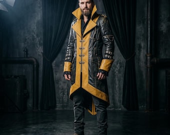 Men's Handcrafted Distressed Black & Yellow Leather Trench Coat | Steampunk Gothic Duster Jacket | Outlaw Overcoat | Custom Outerwear