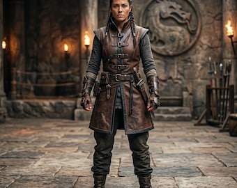 Handmade Women's Distressed Brown Leather Long Vest |Medieval Fantasy Warrior Tunic |Gaming Cosplay Armor Vest |Custom Alternative Outerwear