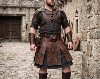 Handmade Men's Medieval Leather Armor Set Brown Gladiator Harness Pauldrons Warrior Kilt Genuine Leather Roman LARP Costume Outfit