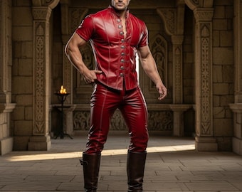 Crimson Hand-Stitched Leather Suit | Genuine Cowhide Vest & Pants Set | Gothic Warrior Cosplay Gift for Men