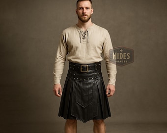 Handmade Black Leather Kilt for Men | Custom Fit Pleated Medieval Warrior Kilt | Steampunk Gothic Cosplay Utility Skirt | Leather Kilt