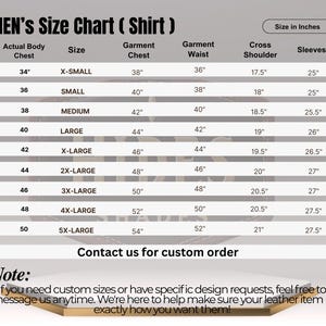 May include: A shirt size chart with measurements in inches. The chart includes sizes from X-Small to 5X-Large, detailing actual body chest, garment chest, waist, cross shoulder, and sleeve lengths. The text "Contact us for custom order" is also visible.