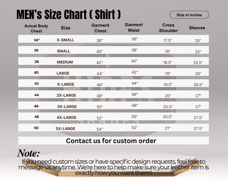 May include: A shirt size chart with measurements in inches. The chart includes sizes from X-Small to 5X-Large, detailing actual body chest, garment chest, waist, cross shoulder, and sleeve lengths. The text "Contact us for custom order" is also visible.