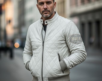 Handmade Men’s Genuine Leather Quilted Jacket | Custom Diamond Stitch Bomber | Personalized Moto Style | Tailored Fit Coat | White Jacket