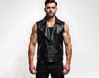 Chaleco de motociclista de cuero negro genuino para hombres / Chaleco de motociclista de cuero de primera calidad / Equipo de motociclista elegante y personalizado / Chaleco de hombre duradero y moderno