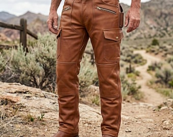 Men's Handcrafted Tan Leather Cargo Pants | Western Frontier Trail Trousers | Multi-Pocket Outdoor Riding Gear | Custom Leather Pants