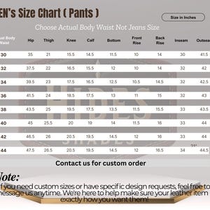 Puede incluir: Tabla de tallas de pantalones con medidas en pulgadas. La tabla incluye medidas de cintura, cadera, muslo, rodilla, pantorrilla, bajo, tiro delantero, tiro trasero, entrepierna y largo exterior. Cont&aacute;ctenos para pedidos personalizados.