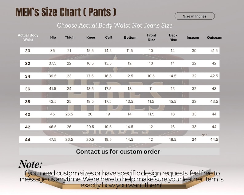 Puede incluir: Tabla de tallas de pantalones con medidas en pulgadas. La tabla incluye medidas de cintura, cadera, muslo, rodilla, pantorrilla, bajo, tiro delantero, tiro trasero, entrepierna y largo exterior. Cont&aacute;ctenos para pedidos personalizados.