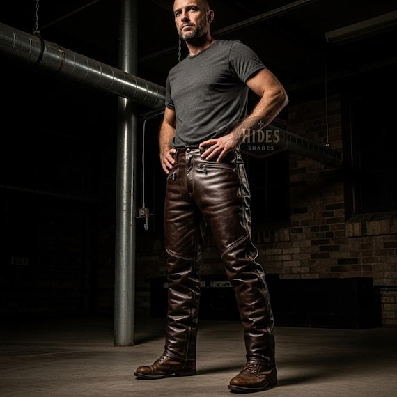 Handmade Men’s Genuine Leather Pants | Custom Brown Straight Leg Trousers | Personalized Streetwear