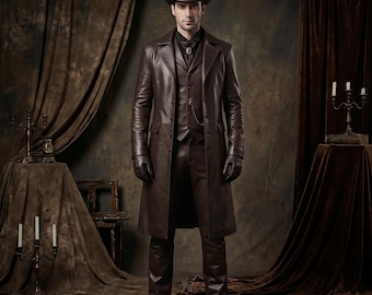 Men's Handcrafted Dark Brown Leather Gothic Suit Set | Steampunk Trench Coat, Vest & Trousers | Dark Victorian Aristocrat Outfit