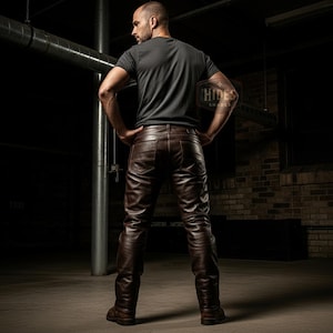 Puede incluir: Pantalones de cuero marr&oacute;n con un dise&ntilde;o cl&aacute;sico de cinco bolsillos. Los pantalones se llevan con una camiseta gris. La imagen est&aacute; tomada en un entorno industrial con poca luz. Los pantalones tienen un aspecto desgastado.