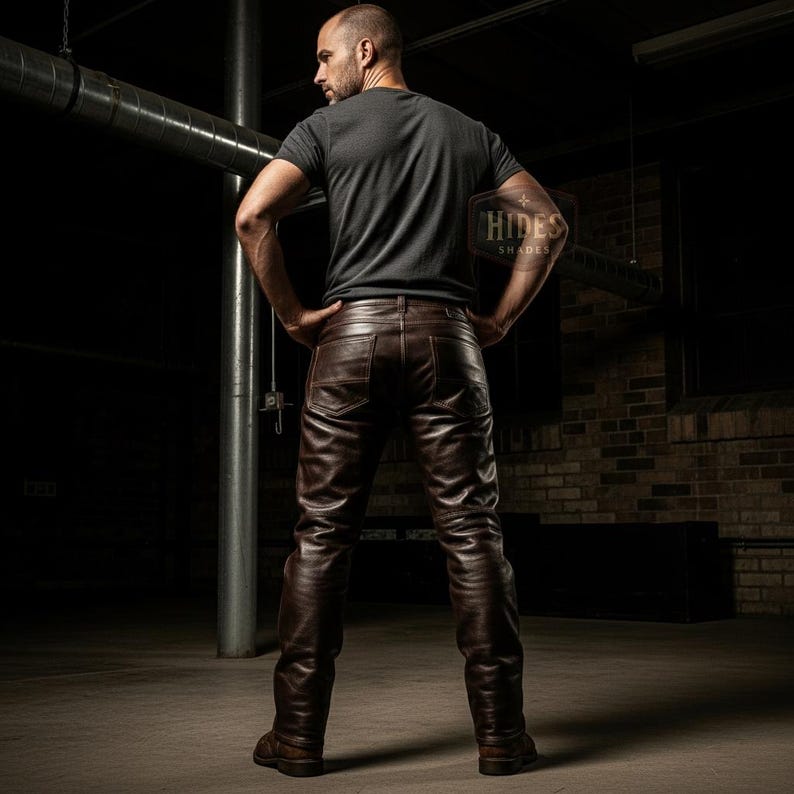 Puede incluir: Pantalones de cuero marr&oacute;n con un dise&ntilde;o cl&aacute;sico de cinco bolsillos. Los pantalones se llevan con una camiseta gris. La imagen est&aacute; tomada en un entorno industrial con poca luz. Los pantalones tienen un aspecto desgastado.