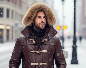 Handmade Men’s Brown Leather Duffle Coat with Fur Hood | Custom Genuine Leather Winter Coat | Personalized Toggle Jacket