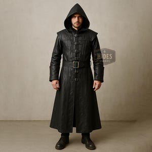 Custom Made Black Leather Steampunk Long Coat with Hood for Men | Gothic Cosplay Trench Jacket
