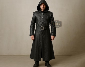 Custom Made Black Leather Steampunk Long Coat with Hood for Men | Gothic Cosplay Trench Jacket