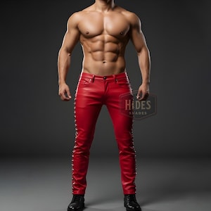 Genuine Red Leather Motorcycle Pants for Men with Studs | Custom Fit Leather Biker Pants | Durable & Stylish Motorcycle Gear