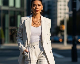 Handmade Women’s Genuine Leather Suit Set | Custom White Blazer & Pants | Personalized Office Wear | Tailored Power Look