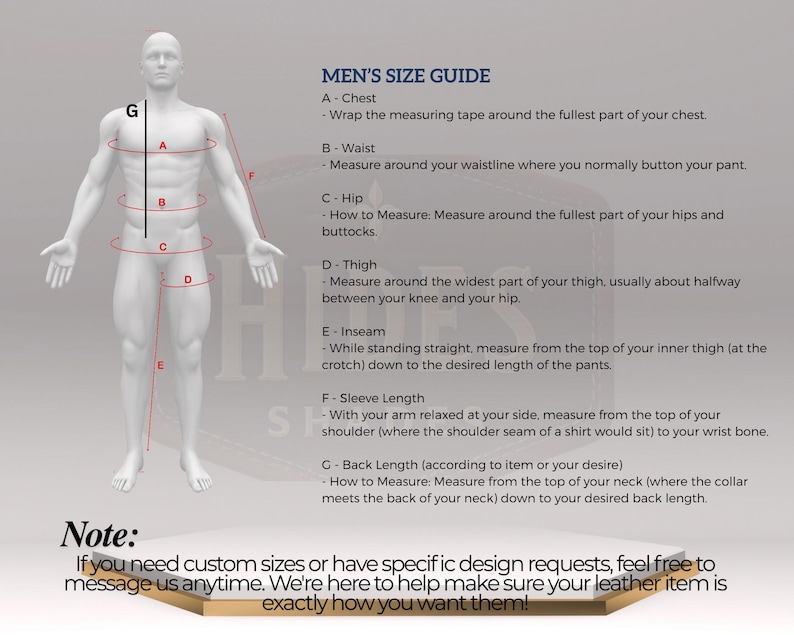 Puede incluir: Una gu&iacute;a de tallas para hombre con un diagrama de una figura masculina y puntos de medici&oacute;n etiquetados de la A a la G. El texto explica c&oacute;mo medir el pecho, la cintura, la cadera, el muslo, la entrepierna, la longitud de la manga y la espalda. Incluye una nota sobre tallas personalizadas.