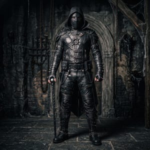 May include: A full-body black leather costume featuring a hooded jacket with spiked shoulder armor, a chest harness with a central ring, buckled trousers, and matching gloves. The outfit includes a utility belt with pouches and a tall, dark staff.
