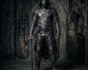 Men's Handcrafted Leather Gothic Character Suit Set | Hooded Spiked Coat and  Tactical Pants | Dark Fantasy Assassin Outfit