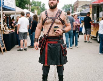 Men's Handcrafted Leather Utility Kilt and Harness Set | Black & Red Pleated Gladiator Skirt | Alternative Festival Wear | Custom LARP Gear