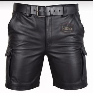 Genuine Black Leather Biker Cargo Shorts | Custom Leather Steampunk Shorts | Personalized Leather Apparel For Men