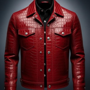 Puede incluir: Chaqueta de cuero roja con textura de piel de cocodrilo. La chaqueta tiene un cuello clásico, dos bolsillos en el pecho y botones plateados. Se lleva sobre una camisa negra.
