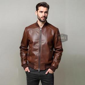 Custom Brown Leather Bomber Jacket for Men | Men&#39;s Leather Pilot Jacket | Brown Leather Aviator Jacket | Custom Fit Leather Bomber