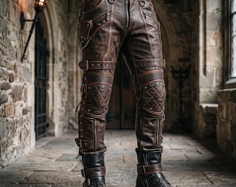 Handmade Men's Leather Biker Trousers  Brown Genuine Cowhide Gothic Pants Side Lace Buckle Strap Steampunk Cargo Motorcycle Pants