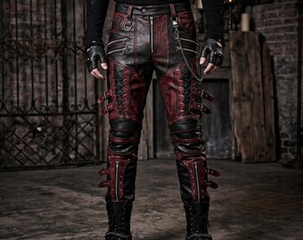 Men's Handcrafted Black and Crimson Leather Tactical Trousers | Steampunk Cargo Pants & Gothic Biker Gear