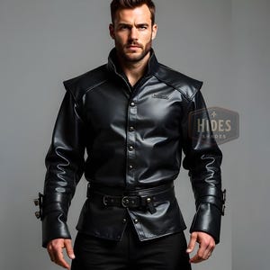 Men’s Black Leather Warrior Jacket | Steampunk Medieval Goth Coat | Custom Handmade Belted Outfit | Renaissance Festival Fashion